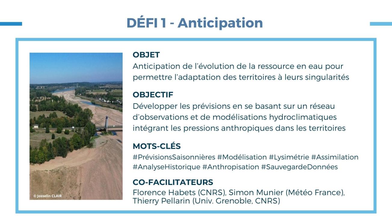Défi 1 - Anticipation de l'évolution de la ressource en eau
© OneWater
Visuel type carte d'identité présentant le Défi 1 OneWater sur l'anticipation