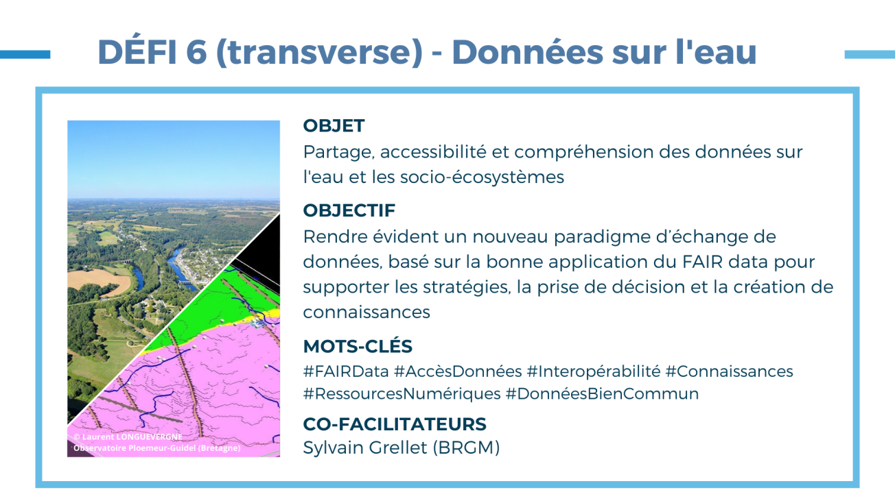 Défi 6 - Partage de données sur l'eau© OneWater Visuel sous le format d'une carte d'identité présentant le Défi 6 OneWater