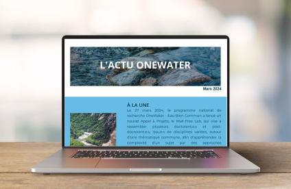 Photo d'un ordinateur sur lequel s'affiche la newsletter OneWater - Eau Bien Commun