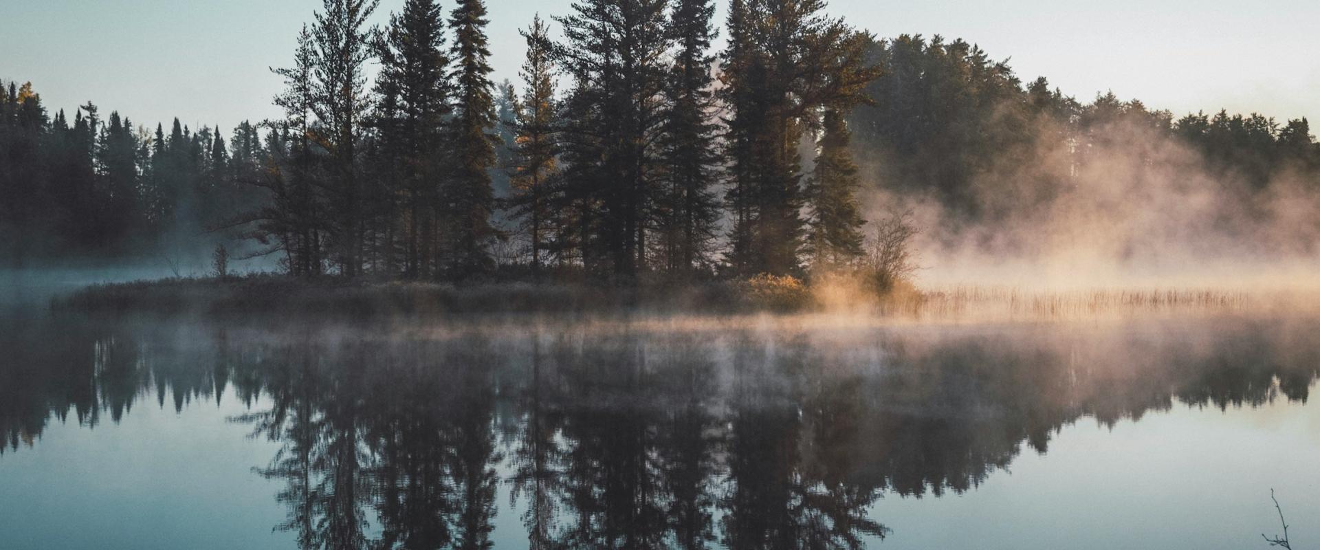 Photo d'un lac brumeux dans lequel se reflète un îlot de pins