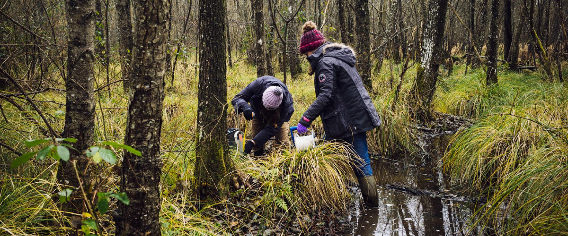 Photo de deux chercheuses effectuant des prélèvements dans la tourbière de la Guette