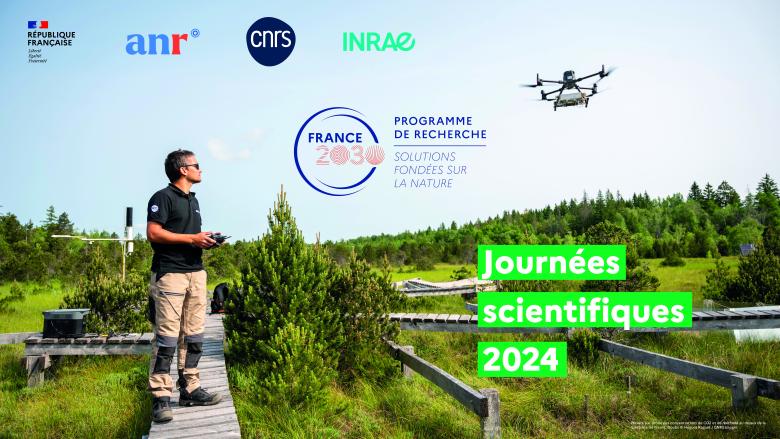 Journées Scientifiques 2024 du programme de recherche Solutions fondées sur la Nature© Programme de recherche Solutions fondées sur la Nature Visuel des Journées Scientifiques 2024 du programme de recherche Solutions fondées sur la Nature, représentant un chercheur dans une tourbière pilotant et regardant un drone